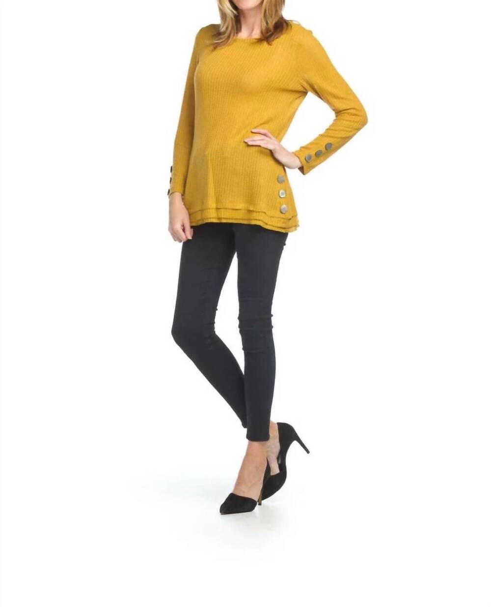 NEW PAPILLON waffle top with button detail in mustard